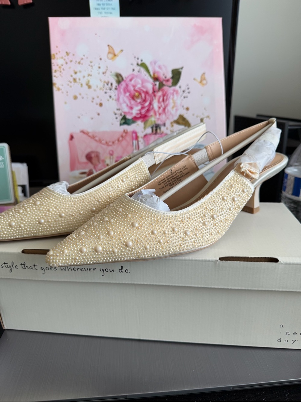 a new day Pearl-Embellished Cream Slingback Kitten Heels